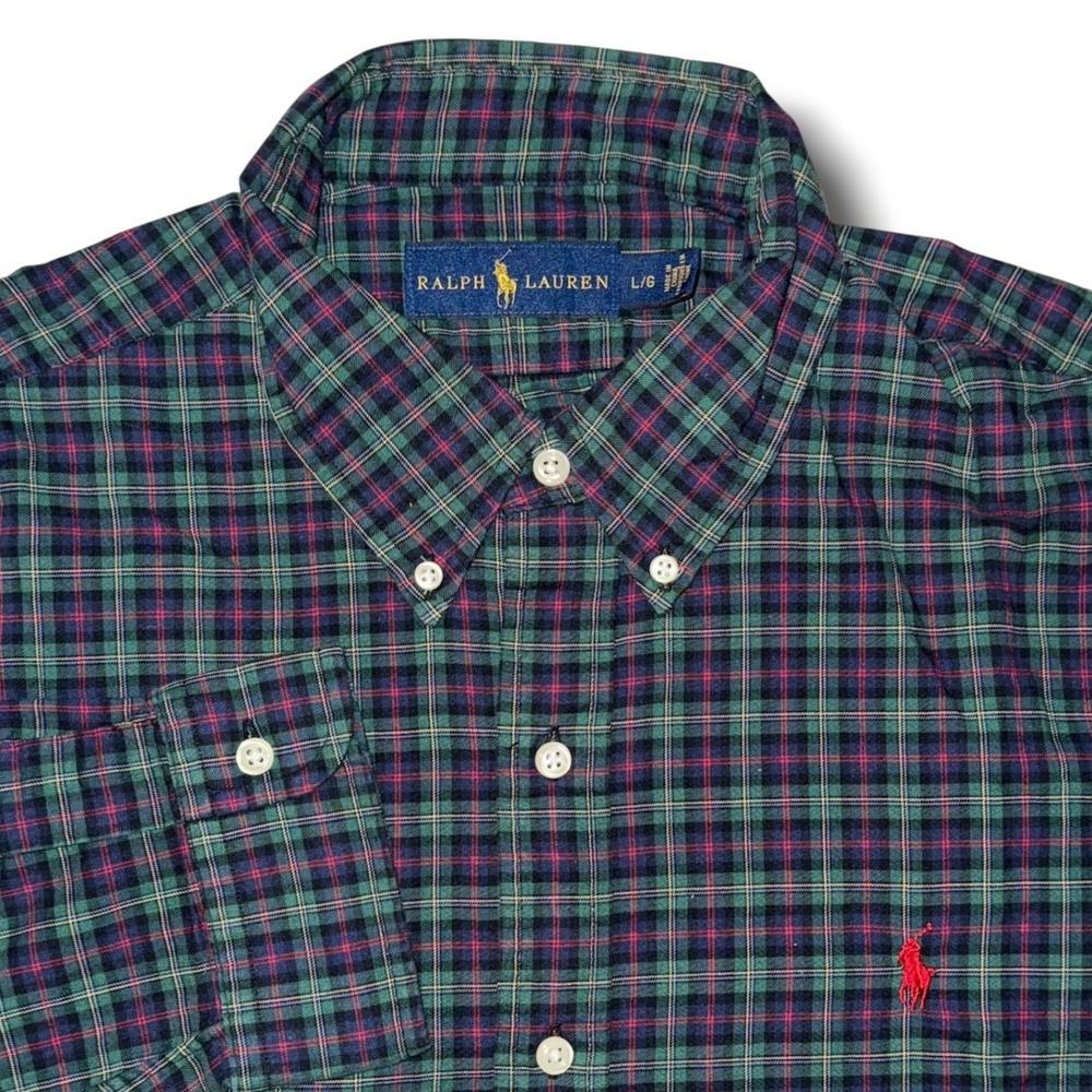 Ralph Lauren Mens Plaid Button Down Shirt Green Navy Blue L Cotton Pony Logo